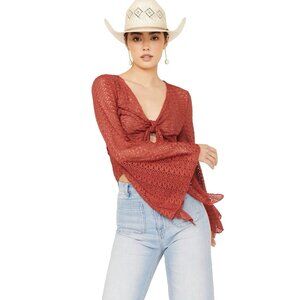 Wild Moss Blouse Womens Medium Orange Crochet Tie Front Cropped Bell Sleeve Boho